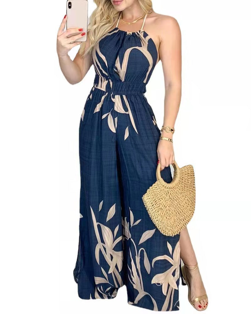 Halter Positioning Printing Jumpsuit