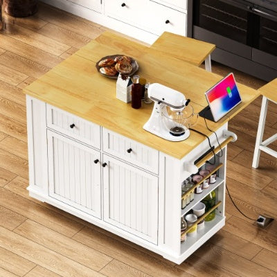 Large Kitchen Island With 2 Bar Stools, Power Outlet, Door Internal Storage Rack, Kitchen Storage Cart On 5 Wheels With Drop Leaf, 5 Open Side Racks, 2 Drawers,for Kitchen,Dining Room
