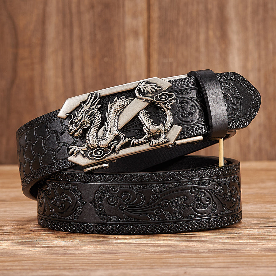 Ceinture gaufrée en cuir de vachette à deux couches avec boucle automatique Dragon pour hommes