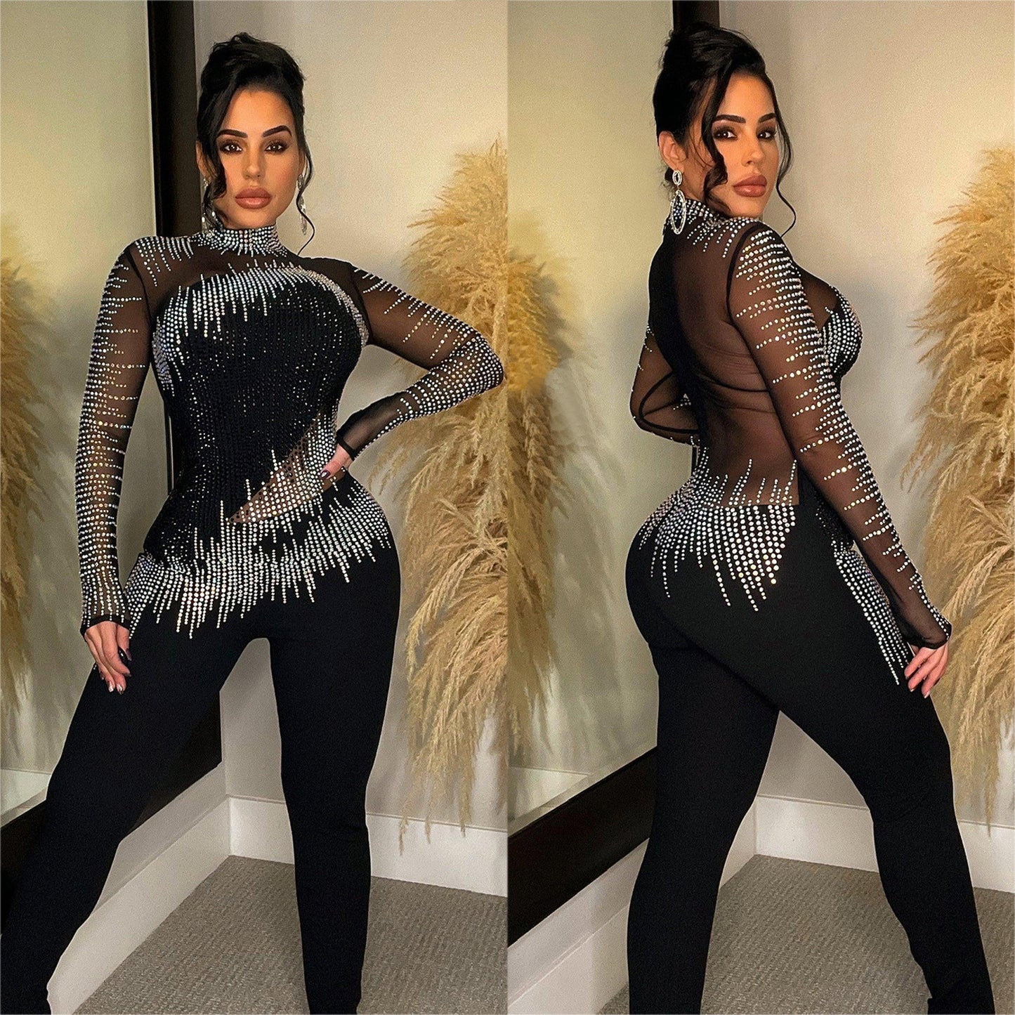 Women's Pure Color Mesh Rhinestone Long-sleeved Trousers Jumpsuit