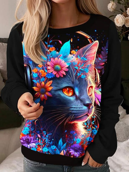 Women Casual Printed 3D Dense Round Neck Sweater