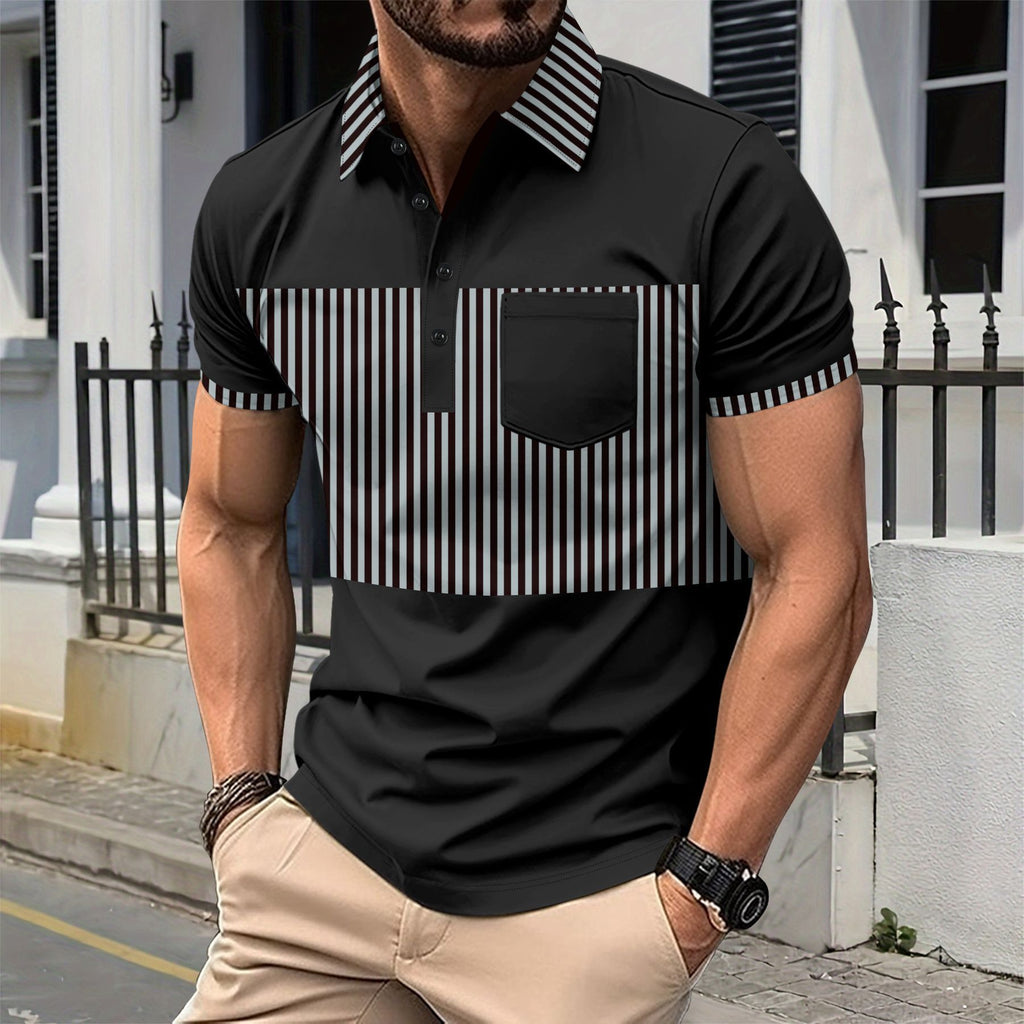 Men's Casual Placket Polo Collar Stripes Color Matching Stitching T-shirt