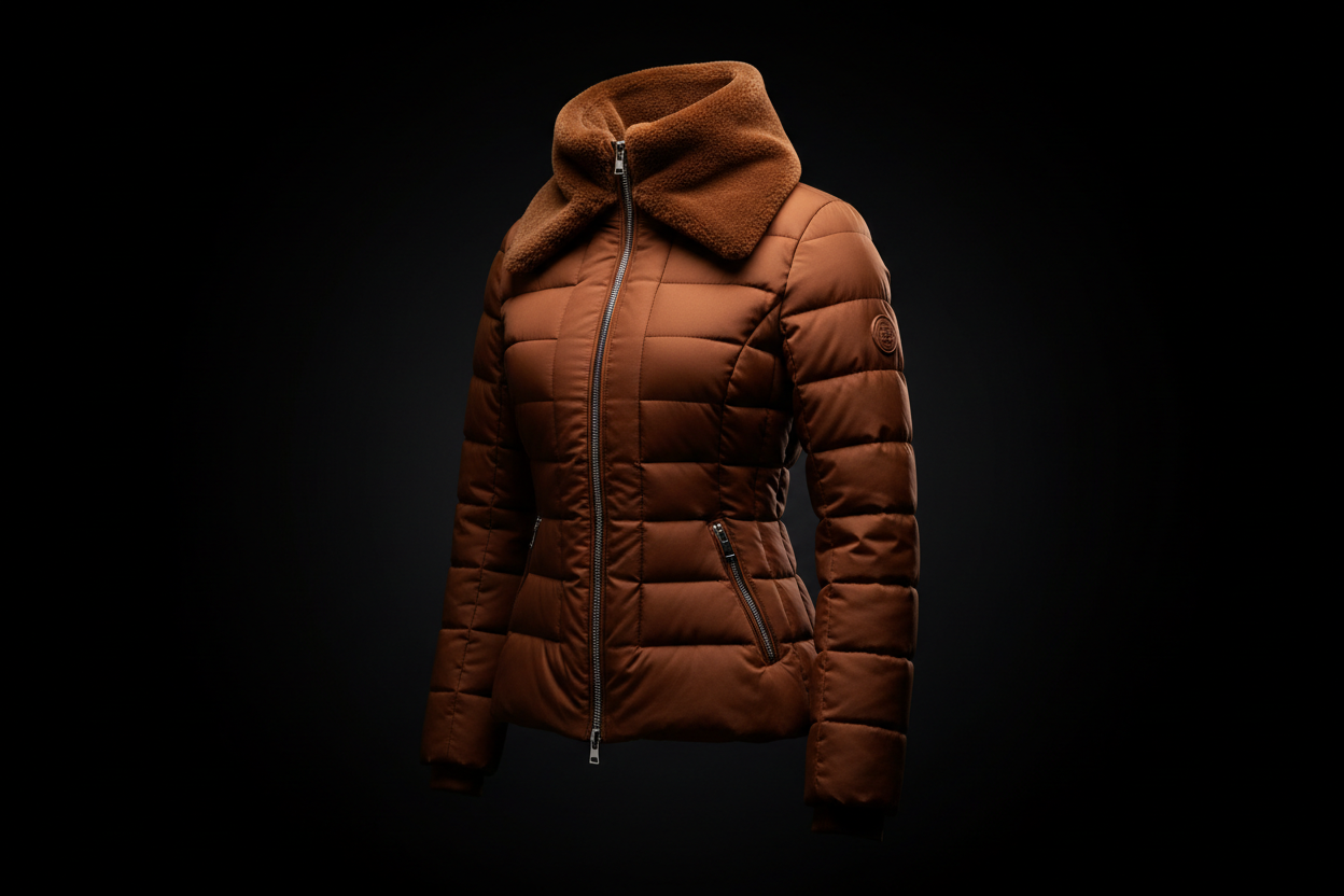 create a beautiful  trendy brown women  winter jacket  on a dark background