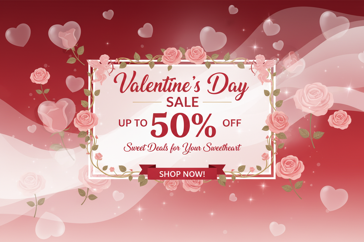 create a valentine day banner, announce sale , discount up to 50 % off . All text should be at the middle of the banner