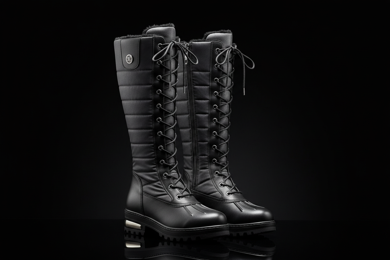 create an elegant , tall, snow  boots for any occasion on a black background