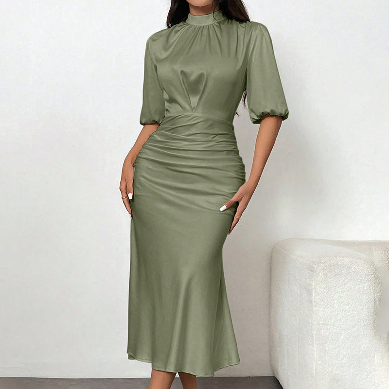 Women's Short Sleeve Mock Neck Ruched Midi Dress Slim Fit Elegant Party Dress