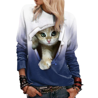 Cozy Mid-calf Sweatshirt with Gradient Cat Print, Long-sleeved