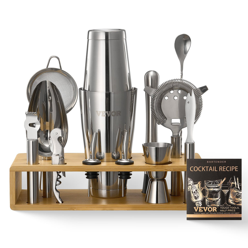 Cocktail Shaker Set, 13-Piece Stainless Steel Bar Tools With Bamboo Stand, Boston Bartender Kit Accessories | Mixer Spoon, Muddler, Jigger, Strainer, Liquor Pourers, Ice Scoop, Lemon Zester