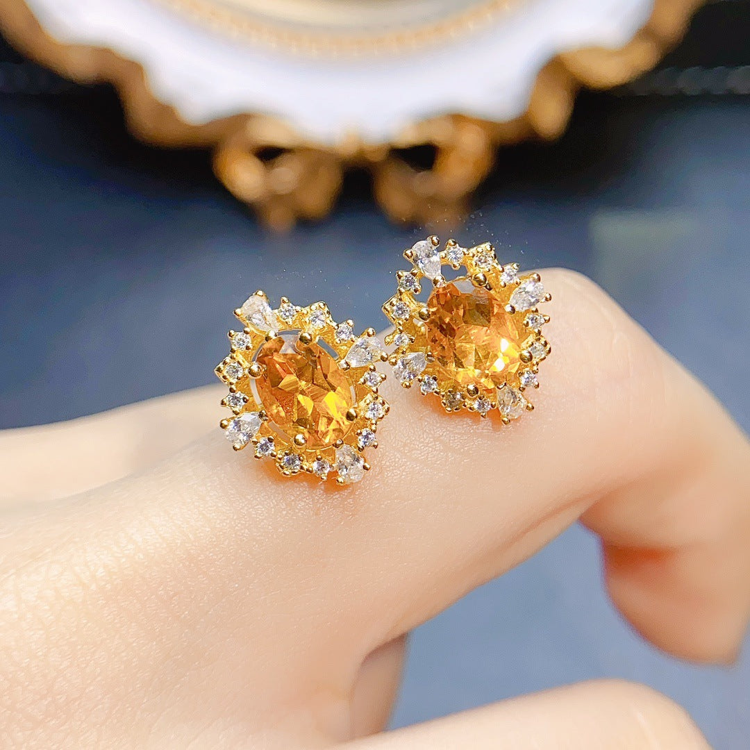 Natural Citrine Stud Earrings S925 Silver Inlaid Main Stone 57