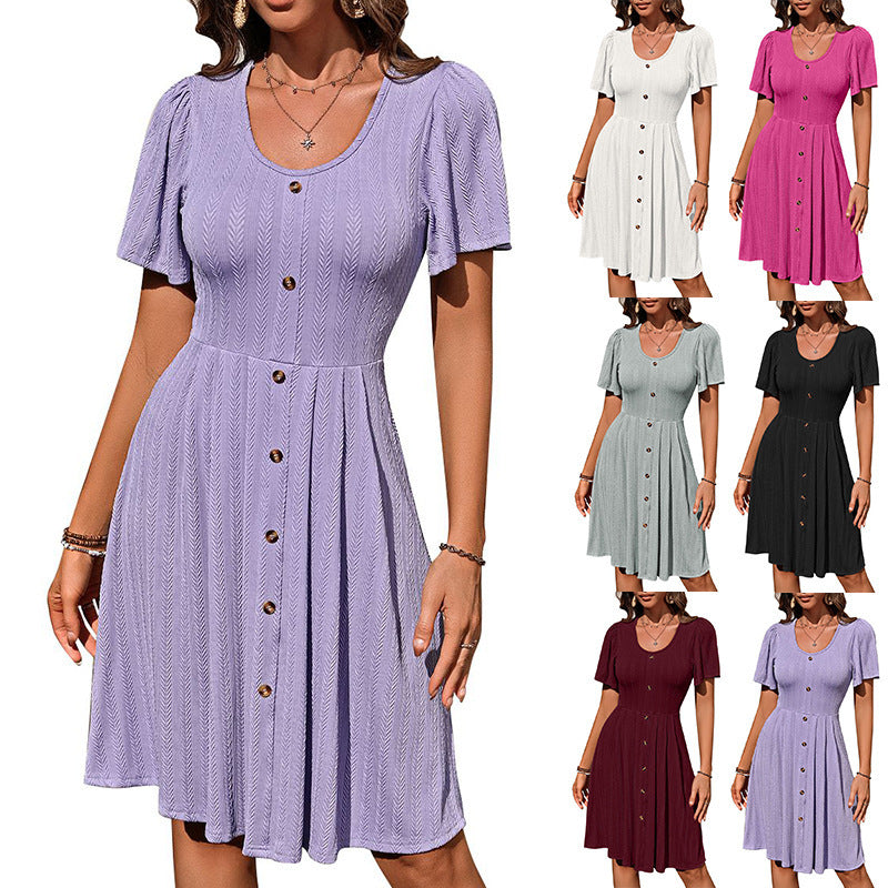 U-Neck Button Short-Sleeve Casual Summer Dress