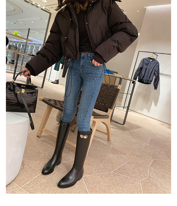 Round Toe Knee-High Boots, Metal Buckle, Casual, Tube, Versatile