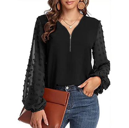 Women's V-neck Chiffon Shirt With Long Sleeve Stitching