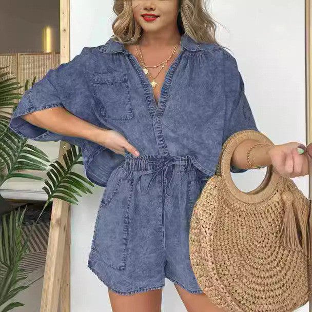 2pcs Loose Denim Suits Summer Casual Bat Sleeve Shirt And Drawstring Shorts With Pockets Women's Set