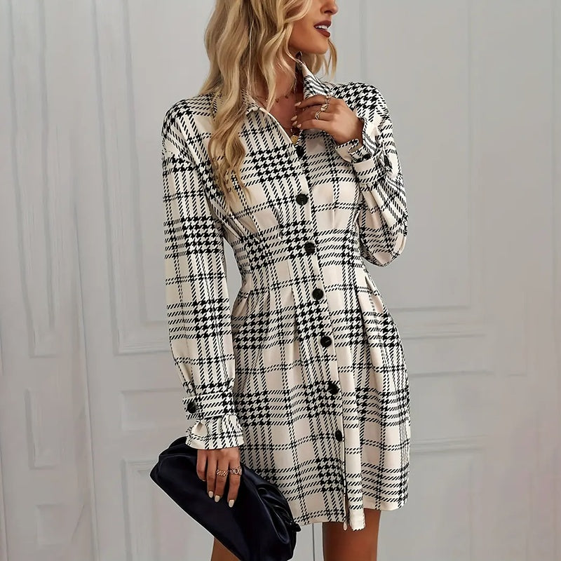 Women's Elegant Plaid Shirt Dress, Ruched Waist A-Line Mini Dress With Long Sleeves