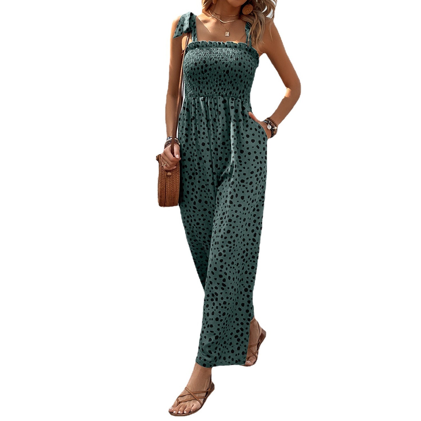 Women Pocket Waist Slimming Polka Dot Brace Jumpsuit Printing