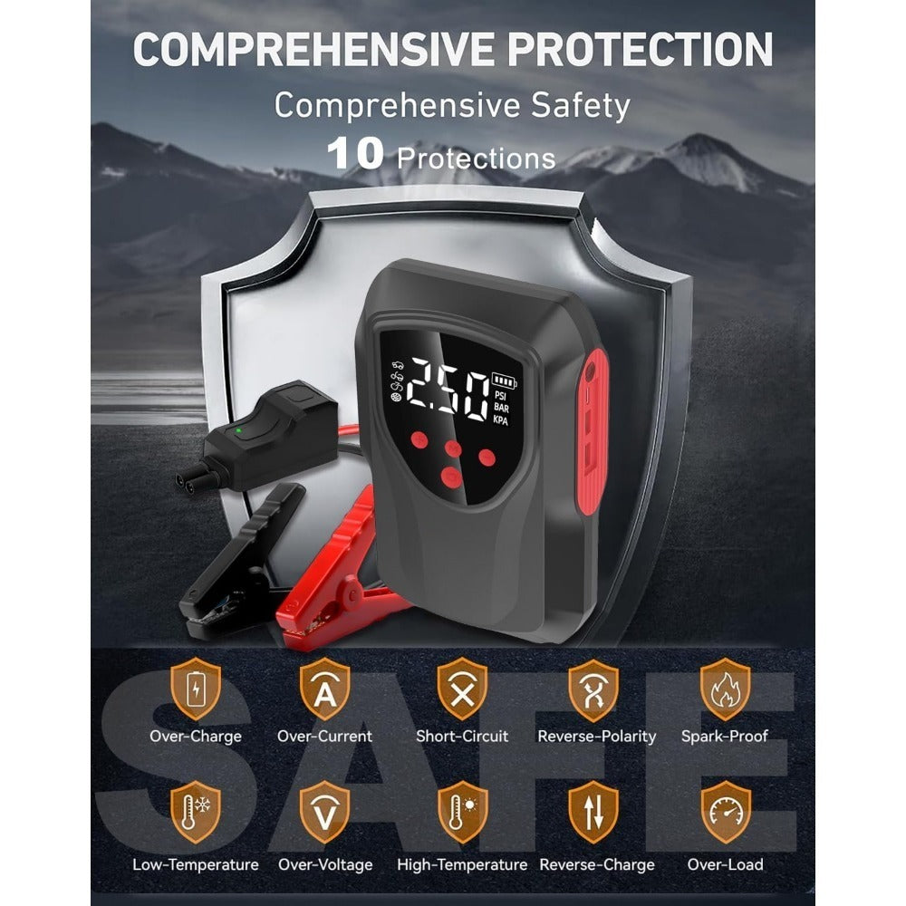 Car Battery Starter With Air Compressor, 3000A 150PSI Portable Car Battery Starter12V Battery Charger Booster Box Car With LCD Display, LED Light, USB QC3.0