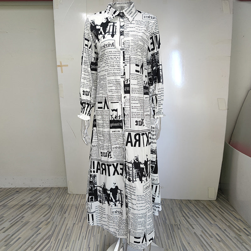 Women's Long Sleeve Newspaper Print Shirt Dress Button Down Casual Long Dress