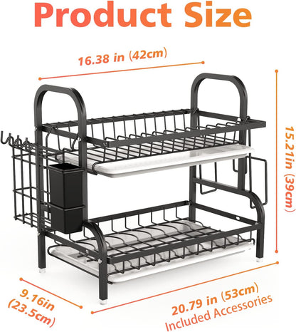 Black Stainless Steel 2-Tier Dish Drying Rack with Drainboard