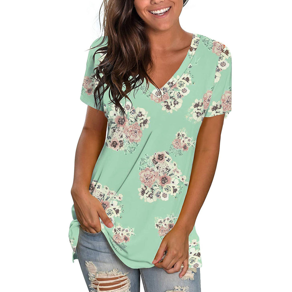 Women's Summer Casual Color Loose Sports Style 3D Printed Short Sleeve V-neck T-shirt