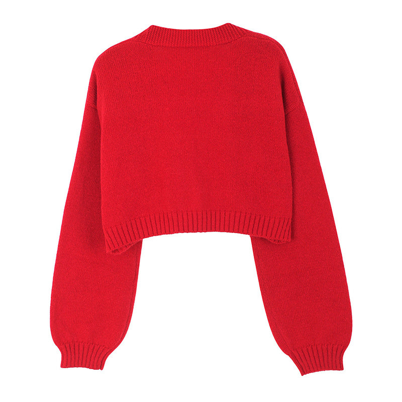 Gingerbread Man Knit Cardigan - Women's Solid V-Neck Ribbed Cuffed Short Sweater, Casual Spring Autumn Polyester Top