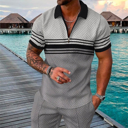 Men's Summer Fashion 3D Printed Short Sleeve Geometric Zip Lapel Shirt Set