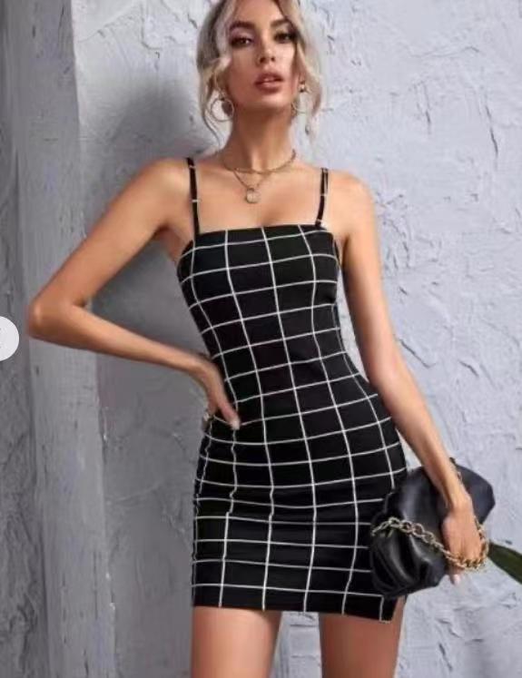 Retro Plaid Sexy Spaghetti Strap Bodycon Mini Dresses Women