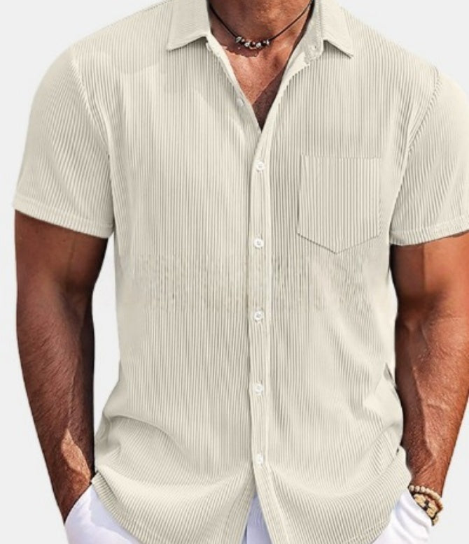 Solid Color Loose Vertical Striped Men's Short-sleeved Shirt