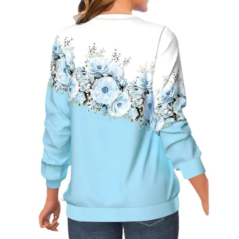 Women's Clothing Round Neck Long Sleeve Flower 3D Printed Pullover Sweatshirt