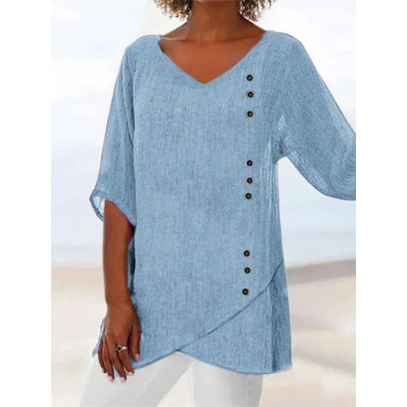 Blue Cotton Linen V-neck Half Sleeve Shirt