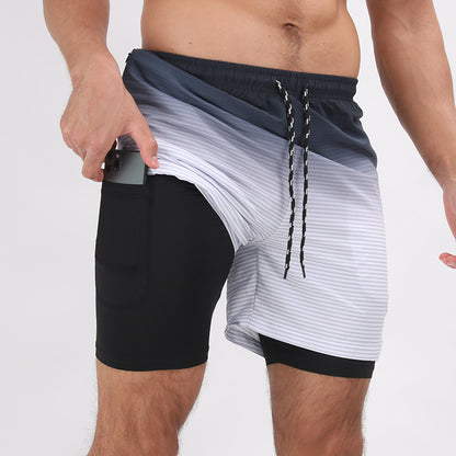 Pantalones cortos de playa con estampado degradado Pantalones cortos deportivos casuales de doble capa