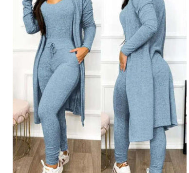 Women's Casual Suit High Waist Slip-on Casual Pants Drawstring Pocket Design Jumpsuit And Cardigan Cover