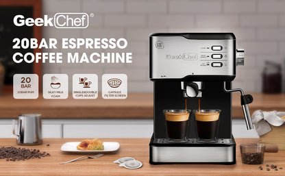 Geek Chef Machine à expresso, expresso et cappuccino Latte Machine à café 20 bars compatible avec filtre à capsules ESE POD et mousseur à lait Baguette vapeur, 950 W, réservoir d'eau 1,5 L, interdit sur Amazon 