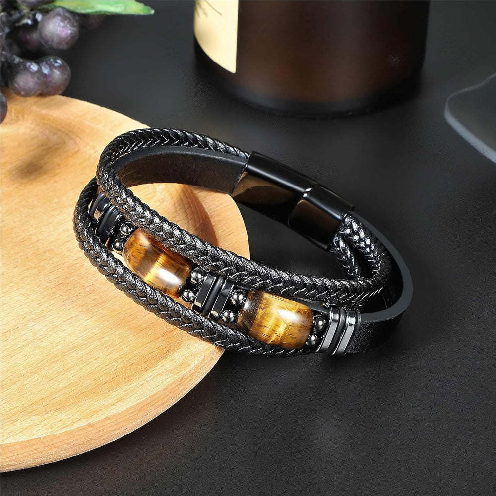 Tiger Eye Braided Leather Bracelet - Courage Stone Gift for Him/Her