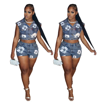 Women's Denim Printing Stretch Shorts Suit