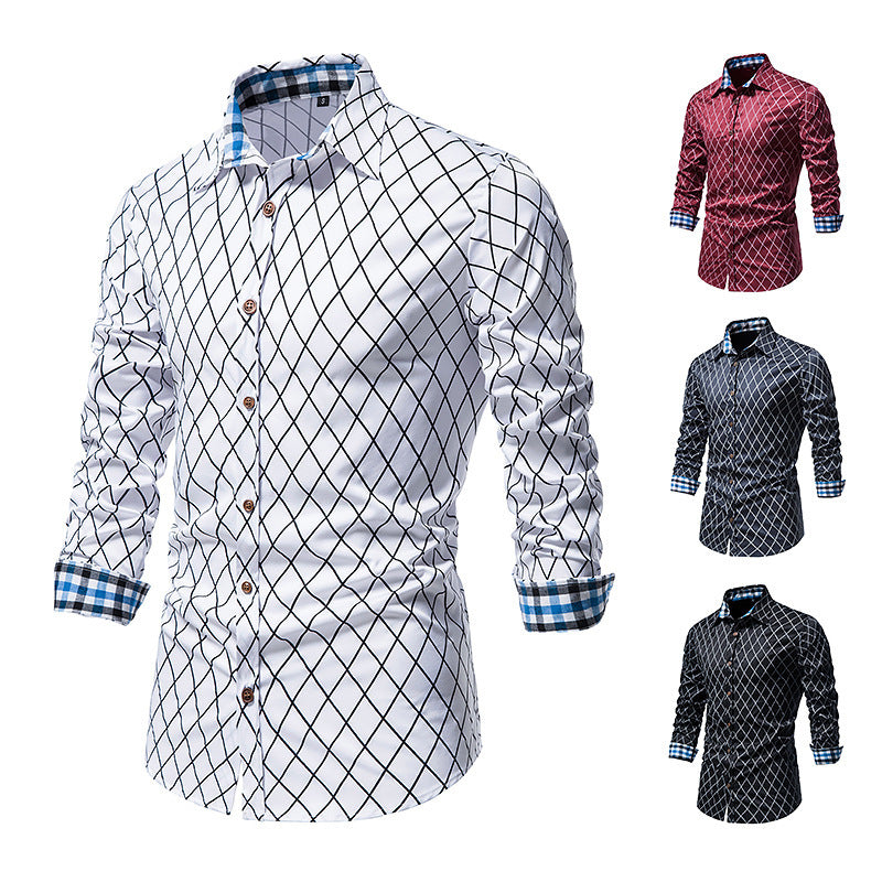 New Fashion Contrast Color Men's Long-sleeved Diamond Check Button Shirt