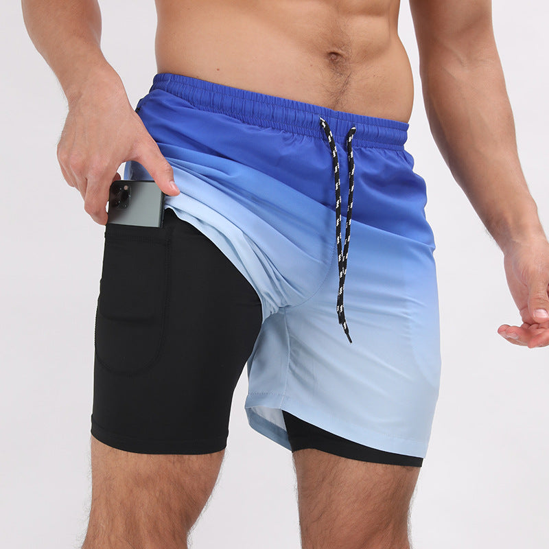 Pantalones cortos de playa con estampado degradado Pantalones cortos deportivos casuales de doble capa