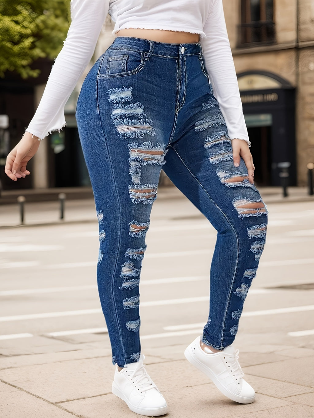 Women's Fashionable Casual Jeans, Tight Fitting Ripped Jeans, High Waisted Jeans