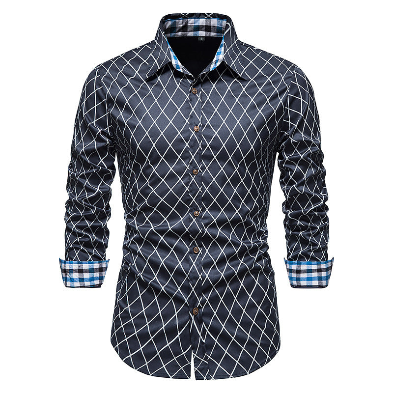 New Fashion Contrast Color Men's Long-sleeved Diamond Check Button Shirt