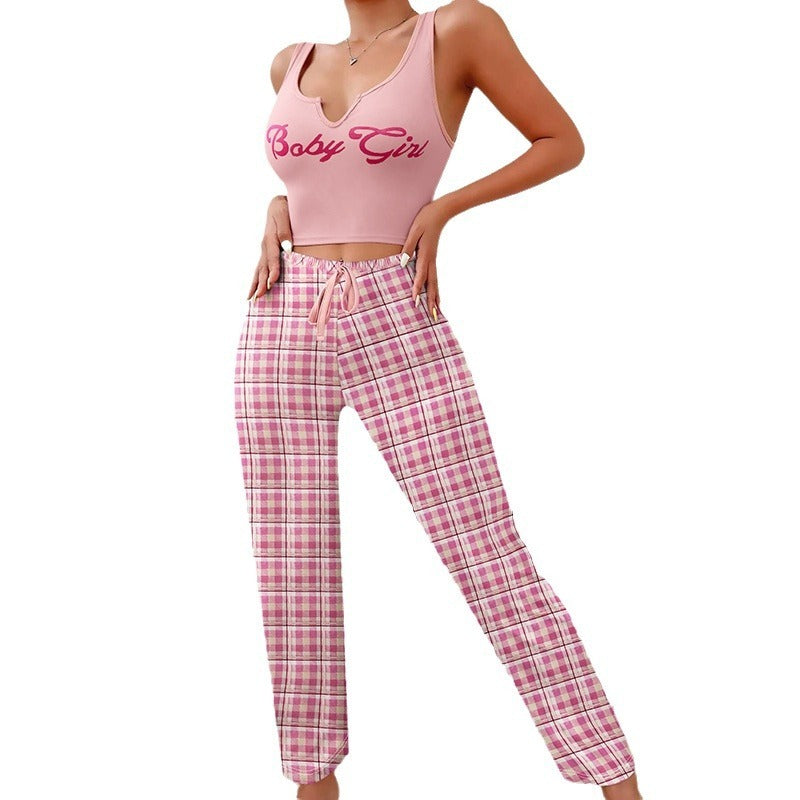 Homewear Vest Color Matching Plaid Trousers Letter Print Top Pajamas For Women