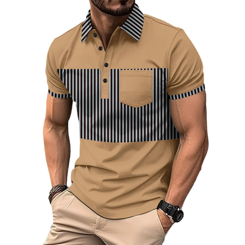 Men's Casual Placket Polo Collar Stripes Color Matching Stitching T-shirt