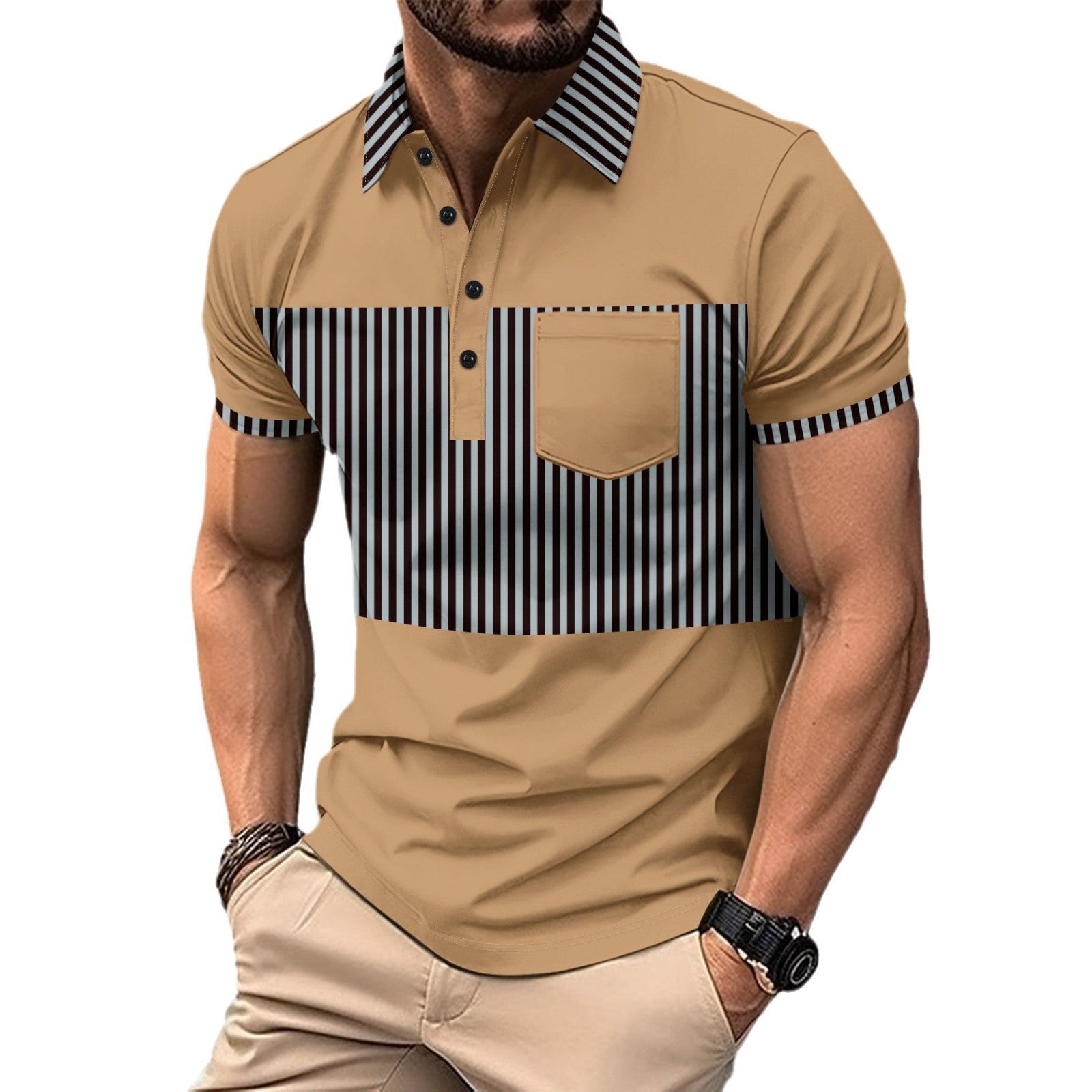 Men's Casual Placket Polo Collar Stripes Color Matching Stitching T-shirt