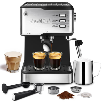 Geek Chef Machine à expresso, expresso et cappuccino Latte Machine à café 20 bars compatible avec filtre à capsules ESE POD et mousseur à lait Baguette vapeur, 950 W, réservoir d'eau 1,5 L, interdit sur Amazon 