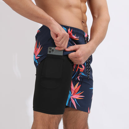 Pantalones cortos de playa con estampado degradado Pantalones cortos deportivos casuales de doble capa