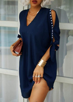 Women's V-neck Short Sleeve Solid Color Loose Dress