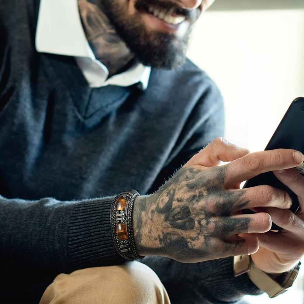 Tiger Eye Braided Leather Bracelet - Courage Stone Gift for Him/Her