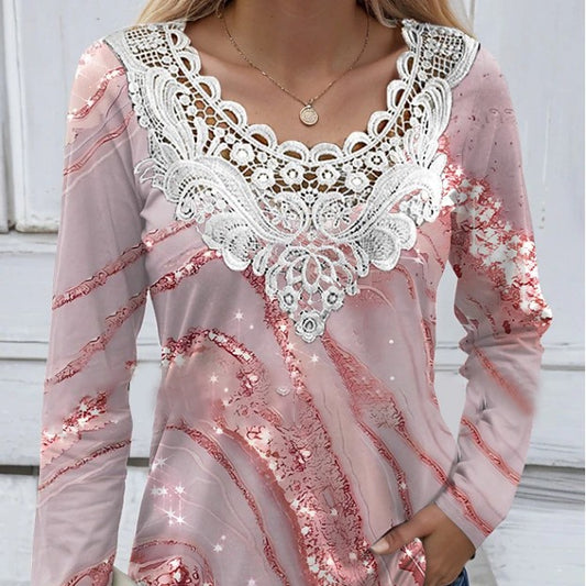 Women's Printed Long-sleeved T-shirt Patchwork Round Neck Top