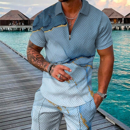 Men's Summer Fashion 3D Printed Short Sleeve Geometric Zip Lapel Shirt Set