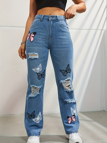 Women's Ripped Butterfly Print Jeans