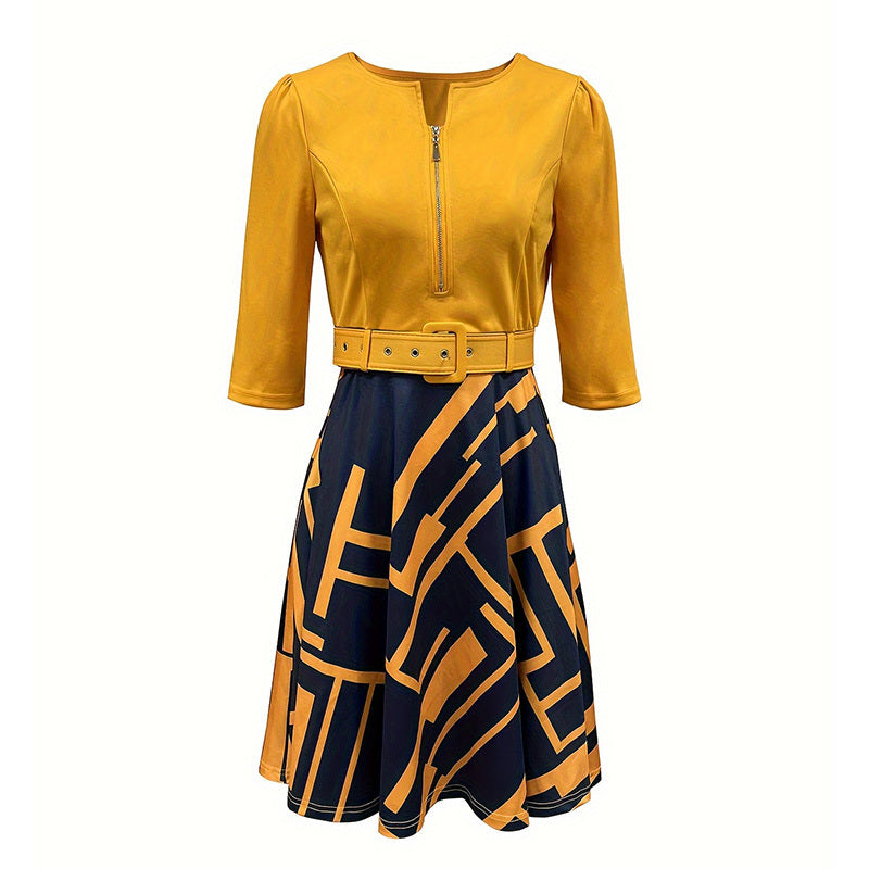 Women's Geometric Print A-Line Midi Dress Semi-Zip Neck Long Sleeve Dress With Belt Spring Summer Fashion Dress