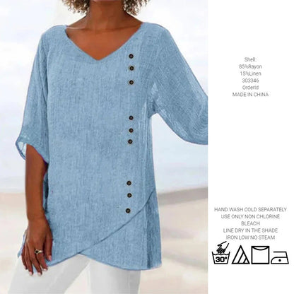 Blue Cotton Linen V-neck Half Sleeve Shirt